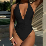 DEKA Metal Ring Deep V Neck Swimwear Tie Dye Cut Out One Piece Swimsuit Women Female Monokini High Leg Cut Bather Bathing Suit