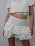 Shirred Mini Skirt A-Line Pointelle High Waist Layered Ruffle Skirt for Women 2024 Summer Solid Color Sweet Skirts