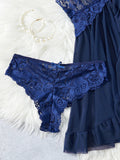 Transparent Blue Lingerie Women Underwear Sleepwear Lace Nightdress And Panties Pijamas Set Female Nighty