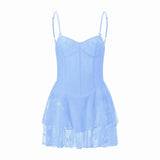 Women Summer Mini Dress Spaghetti Strap Frill Corset Backless Bandage Lace Tiered Ruffle Dress Club Party Sexy Dresses