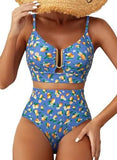 Women Sexy Floral Bikini High Waist Tummy Control Floral Bikini U Line Cross Back Padded Bikini Two Piece Beach Swimsuit