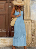 S - XL 2025 V Neck Hollow Out Crochet Knitted Tunic Beach Cover Up Long Cover-ups Beach Dress Beach Wear Beachwear Female Women