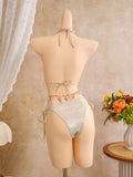Women embroidery flower glitter metallic bikinis sets 3pcs with split mini skirt swimsuit bathing suit beach outfits biquini