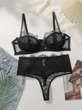2-piece black lace ultra-thin transparent lingerie set sexy solid color set women's bra party thong underwear MR3406
