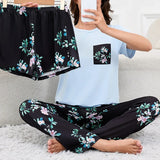 Women's Pajamas 3-Piece Set Sleepwear Home Clothes Autumn Short Sleeve Top with Shorts & Long Pants Loungewear Short Suit Pyjama
