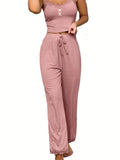 Women’s Summer Lace Trim Pajama Set, Ribbed Cami Top and Long Pants, Soft Casual Loungewear Sleepwear for Ladies