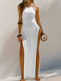 Sexy High Slit Crochet Knitted Tunic Beach Cover Up Long Dress Cover-ups Beach Dress Beach Wear Sarong Beachwear Female Women