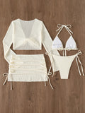 Sexy Mesh White 4 Piece Bikini Set 2025 Women Long Sleeve Cover Up with Skirt Swimsuit Beach Bathing Suit Holiday Thong Swimwear