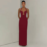 FDYOUI Elegant Chic Halter Hollow Out Bodycon Evening Dress for Women 2026 Summer Backless Sleeveless Long Wedding Party Dresses