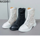 Women White Gladiator Ankle Boots Round Toe Square Heel  Breathable Mesh Large Size 34-45 Sweet Princess Cool Sandals Boots New