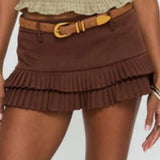 Pleated Mini Skirt for Women Summer Versatile Double Layered Hem Decorative Belt Short Skirts Trendy Mini Skirts for Daily Wear