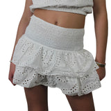 Shirred Mini Skirt A-Line Pointelle High Waist Layered Ruffle Skirt for Women 2024 Summer Solid Color Sweet Skirts
