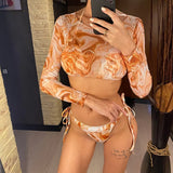 S- XXL Leopard Printed Long Sleeve Bikini Women Swimwear Female Swimsuit Three-piece Bikini set Bather Bathing Suit Swim V3193SW