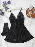 Blue Contrast Lace Ruffle Trim Lingerie Set Women's Nightdress See Through Deep V Mini Dress and Thong Nightgowns Underwear
