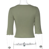 FDYOUI Women's T-shirt Tops Casual Fashion Lace Patchwork Green T Shirts Female Clothing V-neck Ruched Slim Crop Top Streetwear