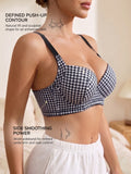Women's Houndstooth Print Push-Up Bra Wide Elastic Straps Underwear Underwire Side Smoothing & Supportive Bra Women