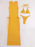 3 Pieces Thong Bikini 2026 Women With Dress String Swimwear Female Solid Swimsuit Beach Wear Bathing Swimming Suit Summer