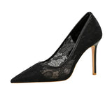 NASBAVI Sexy Lace High Heels Net Gauze Thin Heel Pointed Toe Slimming Nightclub Style Low Heel Single Shoes 41 42 43