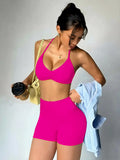Sexy Black Polka Dot Print Seamless Yoga Sets Women Hanging Neck Pleate Sports Bra Tight High Waist Short Running Fitness Suits