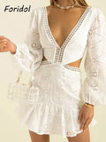 Foridol Waist Hollow Out V Neck Backless White Lace Party Dress Christmas Vestido Robe Ruffled Cotton Long Sleeve Autumn Dress