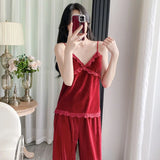 Gold velvet three-piece pajamas set, autumn and winter lace nightgown, sexy home wear with chest pad