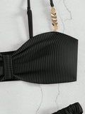 Front Knotted Metal Strap Ribbed Bikini Women Swimwear Female Swimsuit Two Pieces Bikini Set High Cut Bathing Suit Swim Beach