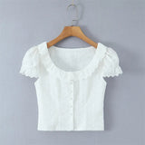 Sweet Lace Doll Collar Puff Sleeve Women's Shirt With Single Breasted Buttons Hollow Jacquard Slim-fit Pure Desire Elegant 6VN3