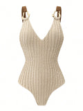 Vintage Beige Ribbed Swimwear Skirt Set Women Metal Buckle Strap V Neck Hollow Out Backless Bathing Suit One Piece Swimsuit 2026