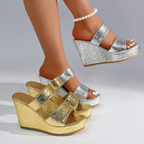 Chunky Wedges Gold Sandals Women Plus Size 42 High Heel Platform Slippers Woman Snake Pattern Pu Leather Summer Sandles Female