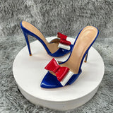 blue patent leather Pointy Toe  Sandals With  Bow Women Summer Casual Thin High Heel Shoes Female Outfit Evening Cross Strap Mul