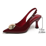 Wine Red Pointed Toe Stiletto Mules for Women Fashion Metal Decor High Heeled Sandals Woman Plus Size 42 Slip On Slingbacks