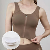 Women Sports Vest Sleeveless Round Neck Zipper Closure Fitness Bra Seamless Fabric Front Zipper Removable Chest Pad Underwear