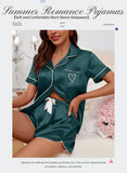 Women's Pajama Lounge Set Summer Heart Embroidered Pocket Patched Short Sleeve Shirt & Shorts Pajamas 2 Piece Set Pyjama Femme