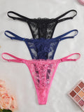 3Pcs/Set Women Sexy Floral Lace Thong Panties Low Waist Hollow Lace Sexy Lingerie Adjustable Thin Strap Underwear