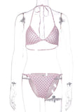 FDYOUI Women's Polka Dot Print Pink Swimsuit Lace-up Bras Panties Split Skirts 3 Pieces Bikinis Sets Bathing Suit Beach Swimwear