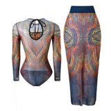 S - XXL Printed Long Sleeve With Sarong One Piece Swimsuit Women Swimwear Female Flowers Padded Bather Bathing Suit Swim K7181