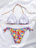 Women Cute Bikini Set 2025 New Summer Orange Floral Print Halter Ruffles Push Up Tie Side Thong Swimsuit Bathing Suit