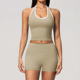 Naked Color Contrast Yoga Sets Women Hanging Neck Sports Vest Gym Clothes Breathable High Waist Shorts Fitness Suits Tracksuit