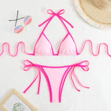 2026 Summer Women Patchwork Swimsuit Sexy Backless Neck Bikini Set Lace-up Bathing Suit Beachwear Femme Padded Swimwear Holiday