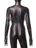 Women Rhinestone Fishnet T-shirt Solid Color Long Sleeve Crop Tops See Through Hollow Out Sexy Shirts Female Smock Tops