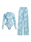 Long Sleeve Printed Swimwear Women One Piece Swimsuit With Pants Lady Sexy Swimming Suit Fashion Female Beachwear Pool Outfits