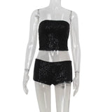 Ahagaga Sexy Club Sequins Women's Suits Sets Fashion Solid Slim Wrapping Chest Sleeveless Tracksuits 2Pcs (Tops+Short Pants)