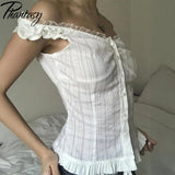 Phantasy Y2K Women Tops White Lace T-Shirt Button Tees Vintage French Style Tops 2025 Spring Summer Tops Female Streetwear