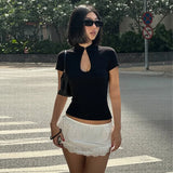 FDYOUI Fashion Stand Collar Button Hollow Out T-shirt for Women 2026 Sexy Short Sleeve Slim Cropped T Shirts Black Wine Red Tops