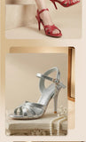 2026 Summer New Women's Metallic High Heel Sandals Ankle Strap Crystal Buckle Stiletto Heels Sexy Party Wedding Prom Dress Shoes