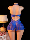 Adult Erotic Bodysuit Lace Hanging Collar Deep V-neck Semi Transparent Women Sexy Lingerie Crotchless Hot Underwear