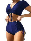 Sexy Drawstring Bikini Set 2026 Women Green Black Short Sleeve Two Piece Swimsuit Summer Bathing Suit Pleate High Waist Swimwear
