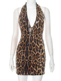 Sexy Halter Neck Off Shoulder Leopard Print Mini Dresses for Women Sleeveless Backless Sequins Skinny Party Night Club Dress
