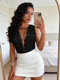 Sexy Lace Floral Bodysuits Women Summer Sleeveless V Neck Bodycon Bodysuit Jumpsuit Party Club Vintage Body Top Femme
