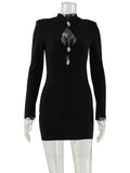 Ahagaga Fashion Women's Mini Dress Solid Hollow Out Regular Long Sleeves Sheath Bodycon Sexy Club Basic Casual Streetwear Female
